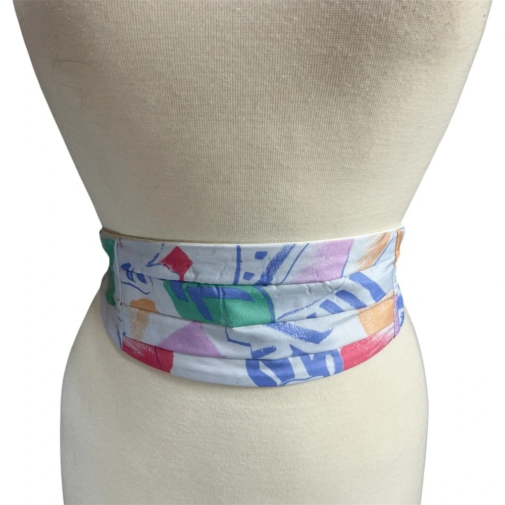 VTG 80s Abstract Floral Statement Waist Belt Cummerbund Blue Pastel USA OS Funky